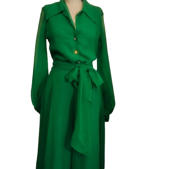 Lilli Diamond Green Chiffon Top and Palazzo Pant 2 Pc Outfit Set Vintage S - Picture 2 of 13